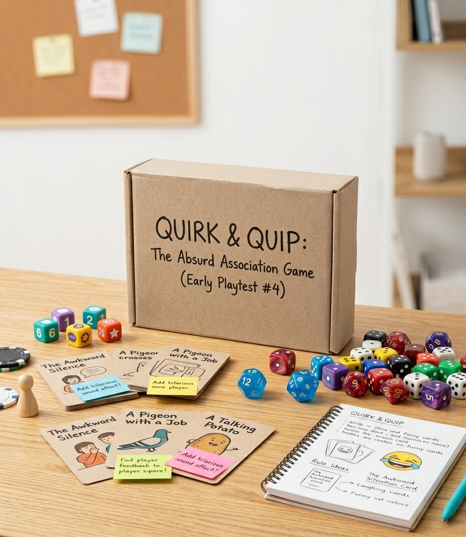 Board game cards and prototype pieces on a table
